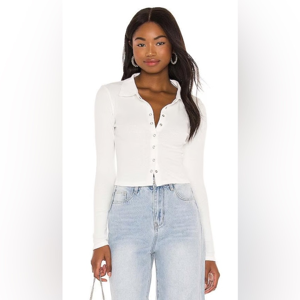 Women's White Snap-Front Long Sleeve Top